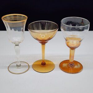Vintage Mis-matched Amber & Clear Glass Stemware Barware Cocktail Set Of 3